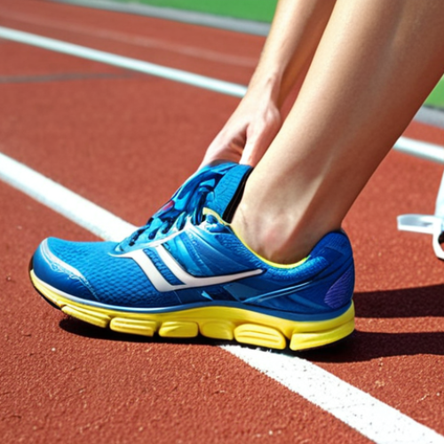 **Prompt:** A runner grimacing in pain, clutching their heel, highlighting the impact of incorrect running form and inadequate footwear on plantar fasciitis. Emphasize the connection between running technique, shoe support, and foot pain. Close-up, athletic wear, running track background.