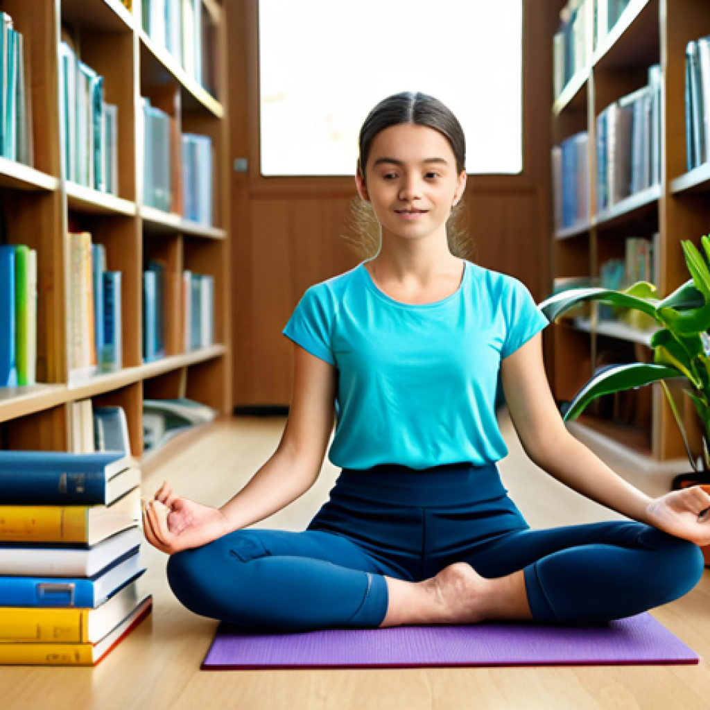 러닝 중 피로 누적 방지 팁 - Balanced Study Habits** Prompt: A student in a modern, bright library, fully clothed in modest atti...