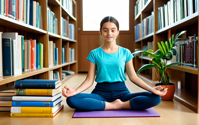 러닝 중 피로 누적 방지 팁 - Balanced Study Habits** Prompt: A student in a modern, bright library, fully clothed in modest atti...