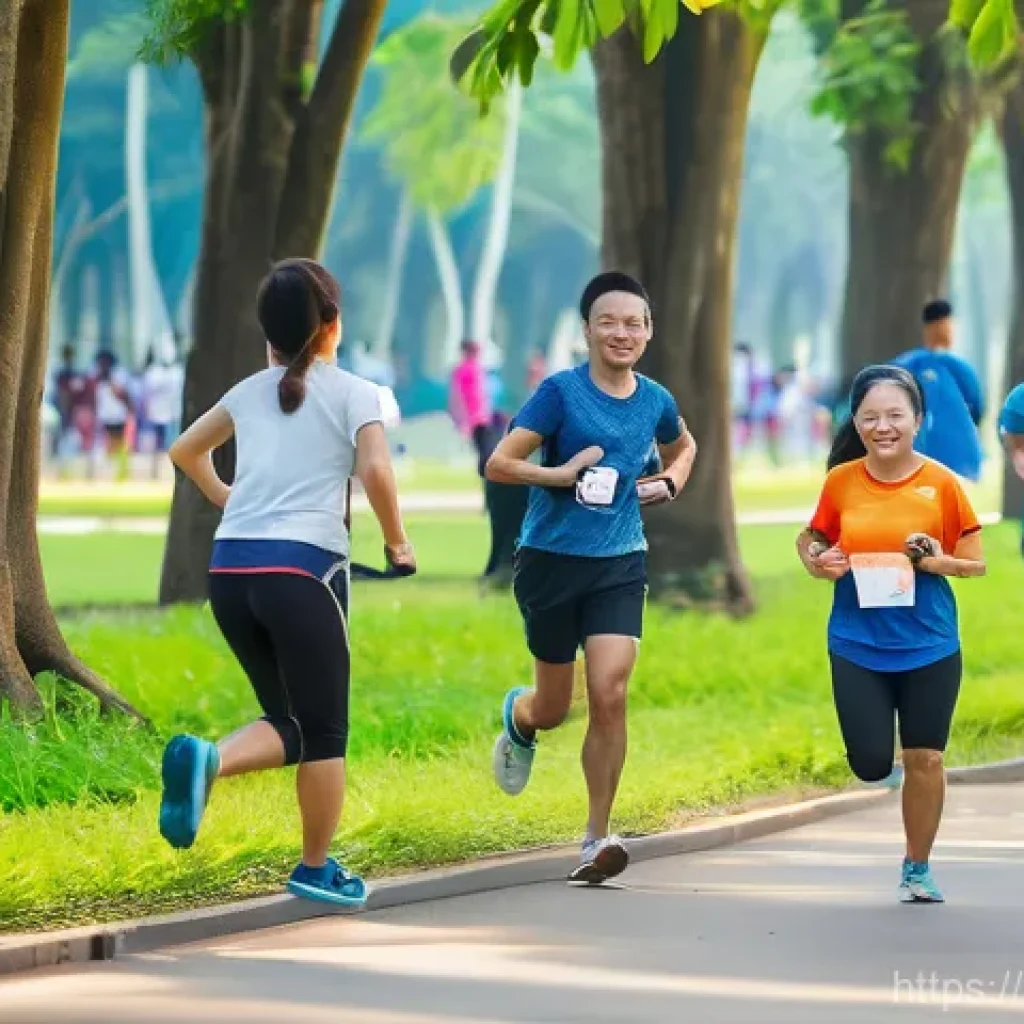 러닝 초보자를 위한 커뮤니티 추천 - **A vibrant morning scene at a "Parkrun Thailand" event.** A diverse group of people, including youn...
