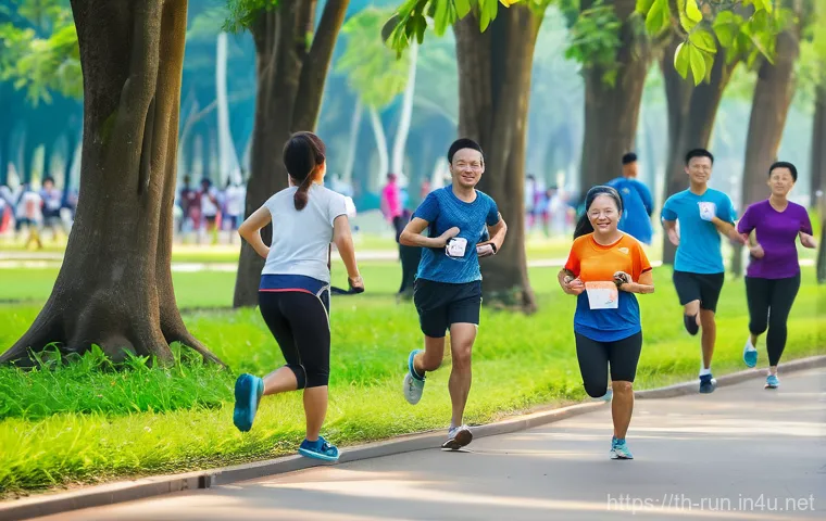 러닝 초보자를 위한 커뮤니티 추천 - **A vibrant morning scene at a "Parkrun Thailand" event.** A diverse group of people, including youn...