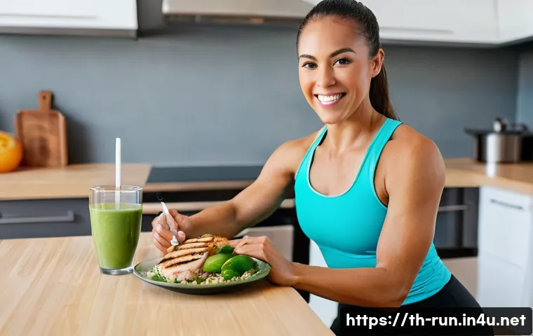 러닝 후 회복식 추천 - **Prompt 1: Post-Run Fueling** A fit and active female runner, in her late 20s, with a healthy, ...