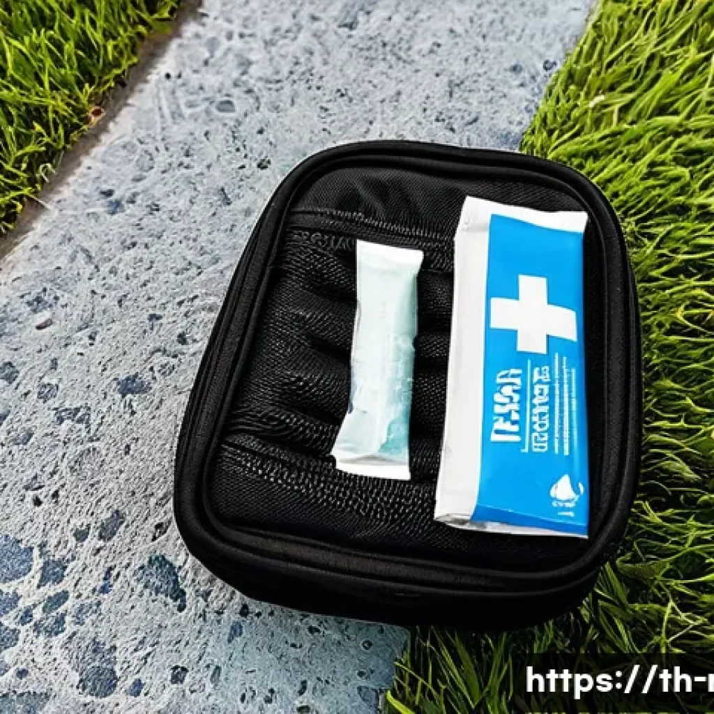 러닝 중 필요한 응급 처치 키트 - A detailed close-up of a runner’s first aid kit designed for tropical climates, featuring waterproof...
