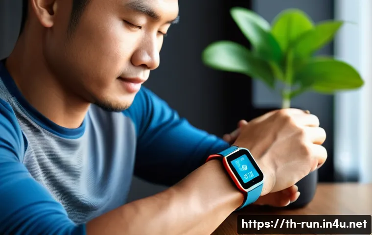 러닝 워치 초보 사용 가이드 - A detailed lifestyle scene of a Thai man adjusting a modern fitness watch on his wrist in a bright, ...