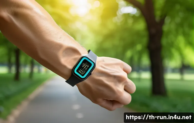 러닝 워치 심박수 측정 정확도 비교 - A close-up shot of a runner&rsquo;s wrist wearing a modern running watch with an optical heart rate sensor...