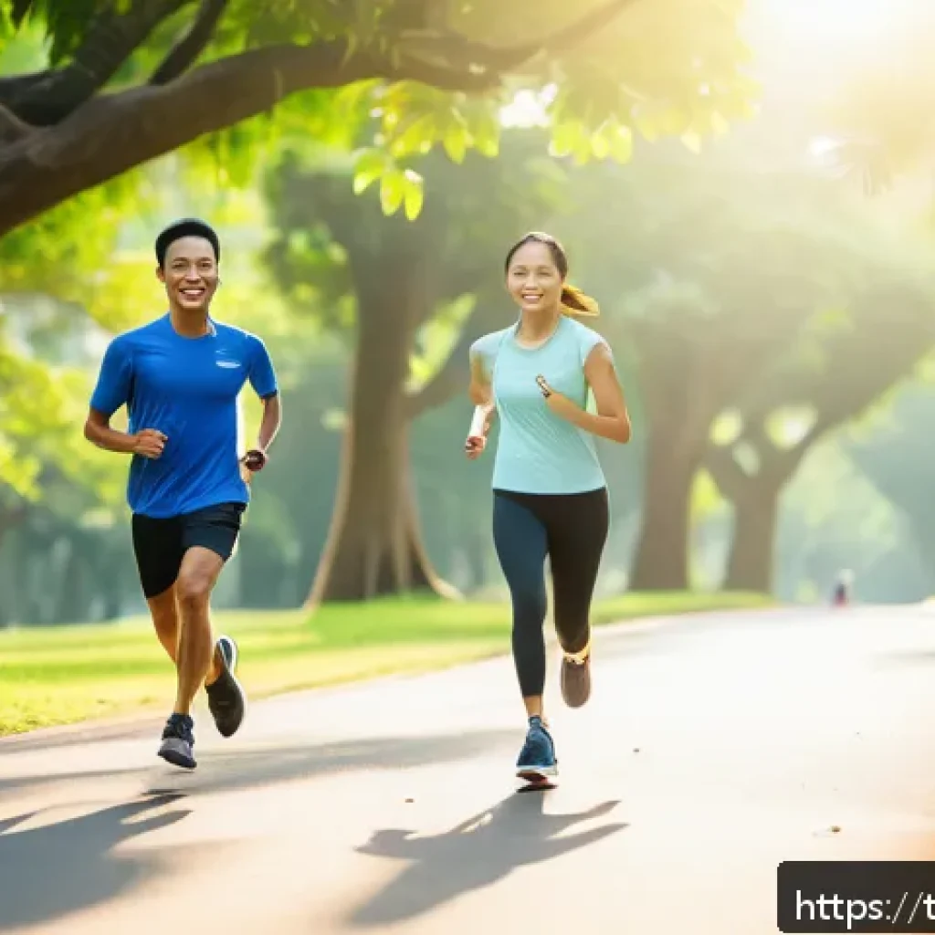 러닝 대회 목표 설정법 - A diverse group of Thai runners training outdoors in a lush green park during early morning, wearing...