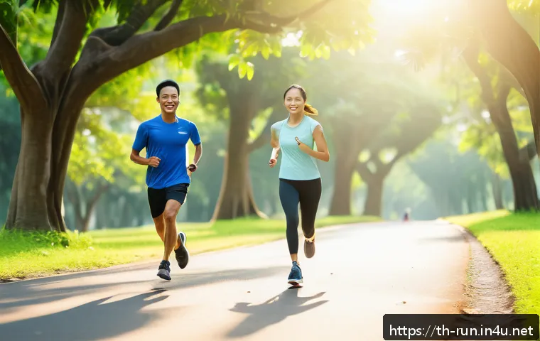 러닝 대회 목표 설정법 - A diverse group of Thai runners training outdoors in a lush green park during early morning, wearing...