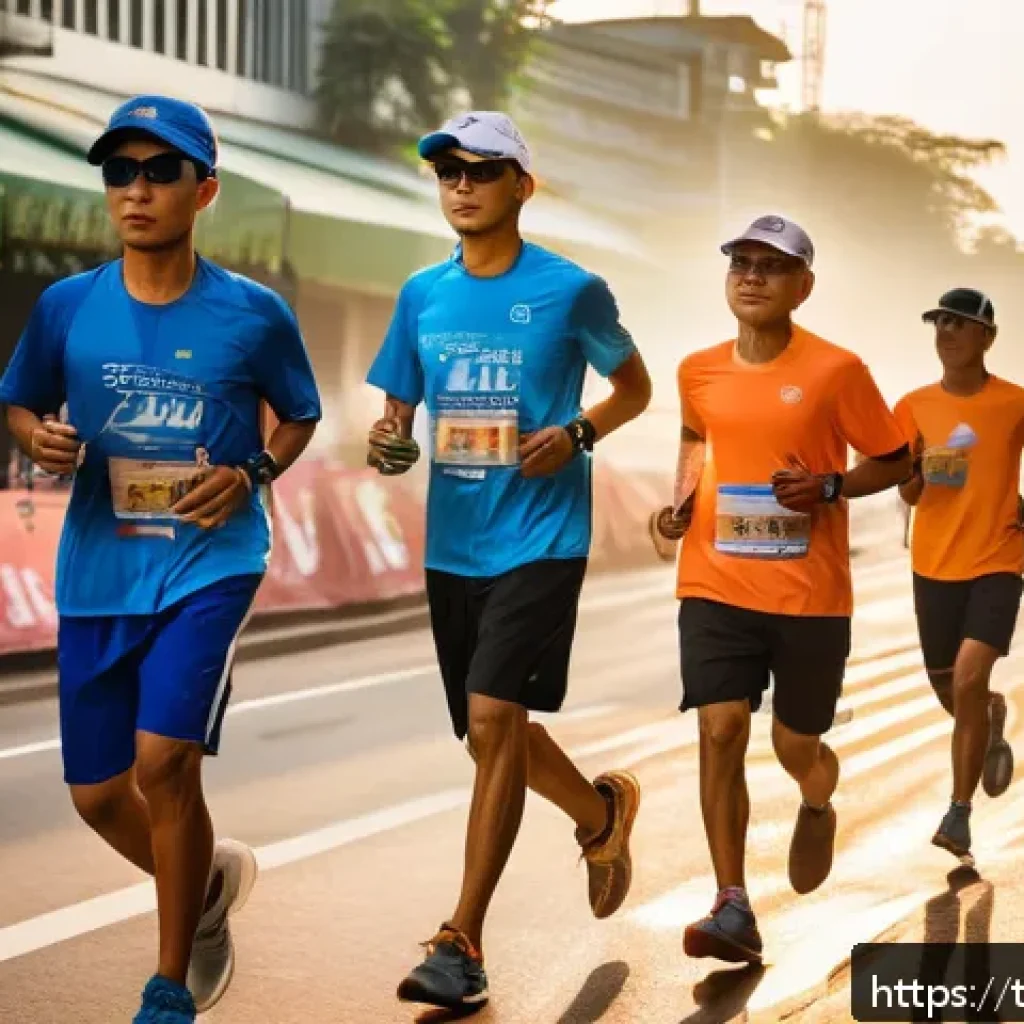 러닝 대회 경로 사전 답사법 - A detailed scene of a group of Thai runners walking and scouting a marathon route early in the morni...