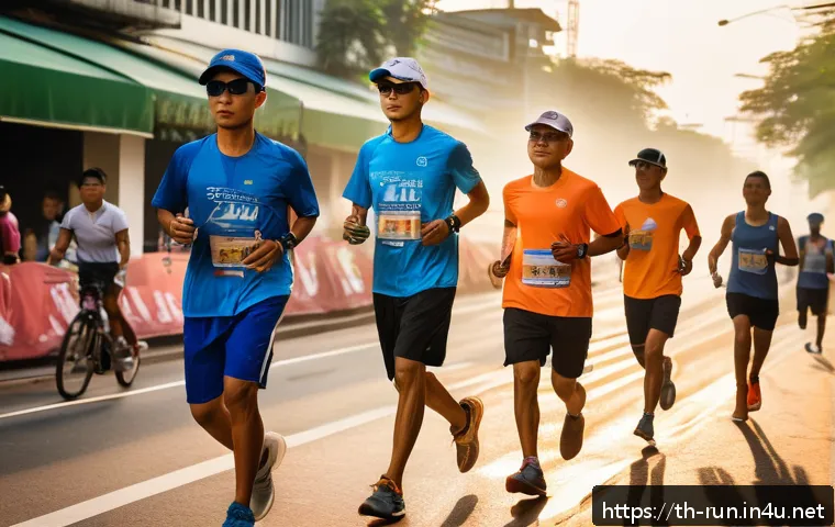 러닝 대회 경로 사전 답사법 - A detailed scene of a group of Thai runners walking and scouting a marathon route early in the morni...
