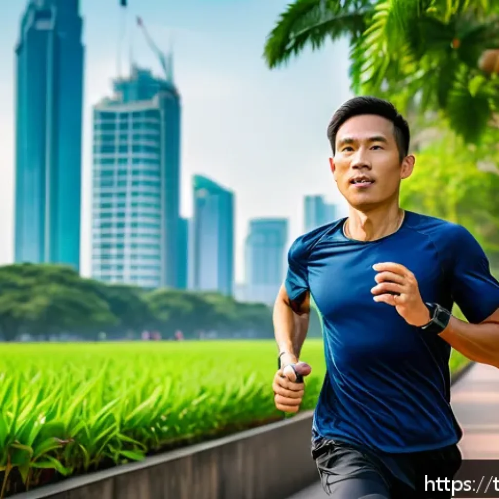 러닝 기록 측정 장비 추천 - A modern Asian male runner in his 30s wearing lightweight, high-tech running gear and a smart runnin...