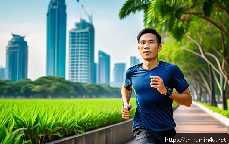 러닝 기록 측정 장비 추천 - A modern Asian male runner in his 30s wearing lightweight, high-tech running gear and a smart runnin...