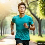 러닝 초보자를 위한 스마트워치 활용법 - A young Thai man jogging in a vibrant urban park during early morning, wearing a lightweight, sleek ...