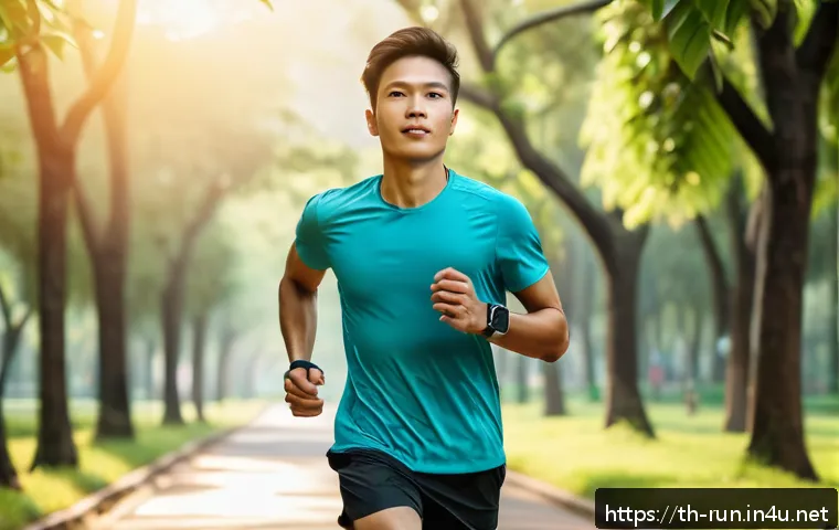러닝 초보자를 위한 스마트워치 활용법 - A young Thai man jogging in a vibrant urban park during early morning, wearing a lightweight, sleek ...