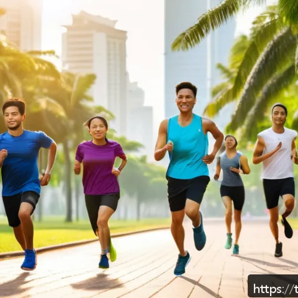 러닝 훈련 프로그램 구성 방법 - A diverse group of Thai runners warming up in a lush urban park during early morning, wearing lightw...