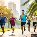 러닝 훈련 프로그램 구성 방법 - A diverse group of Thai runners warming up in a lush urban park during early morning, wearing lightw...