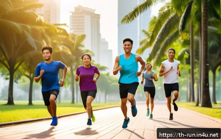 러닝 훈련 프로그램 구성 방법 - A diverse group of Thai runners warming up in a lush urban park during early morning, wearing lightw...