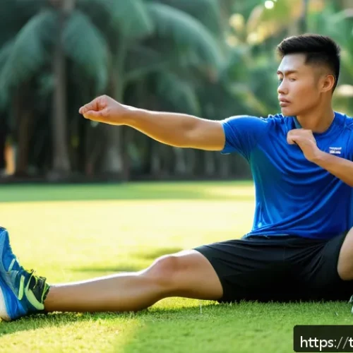 러닝 중 근육통 완화 팁 - A detailed scene of a Thai runner performing proper post-run stretching exercises in a lush outdoor ...