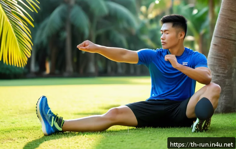 러닝 중 근육통 완화 팁 - A detailed scene of a Thai runner performing proper post-run stretching exercises in a lush outdoor ...