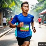 러닝 에너지 젤 사용법 - A dynamic scene of a Thai marathon runner in breathable athletic wear, jogging through a bustling Ba...