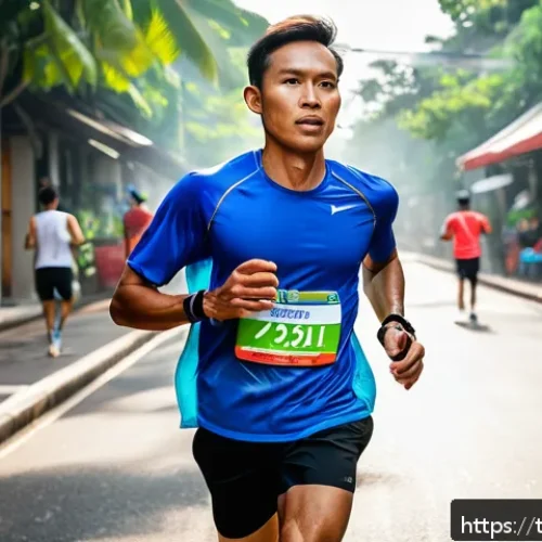 러닝 에너지 젤 사용법 - A dynamic scene of a Thai marathon runner in breathable athletic wear, jogging through a bustling Ba...