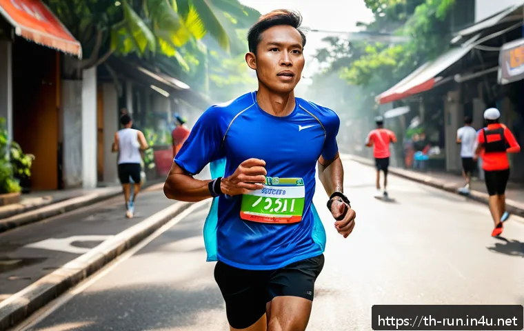 러닝 에너지 젤 사용법 - A dynamic scene of a Thai marathon runner in breathable athletic wear, jogging through a bustling Ba...