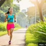 러닝 중 지루함 극복 방법 - A young Thai woman jogging along a scenic trail in a lush green park near Bangkok, wearing lightweig...