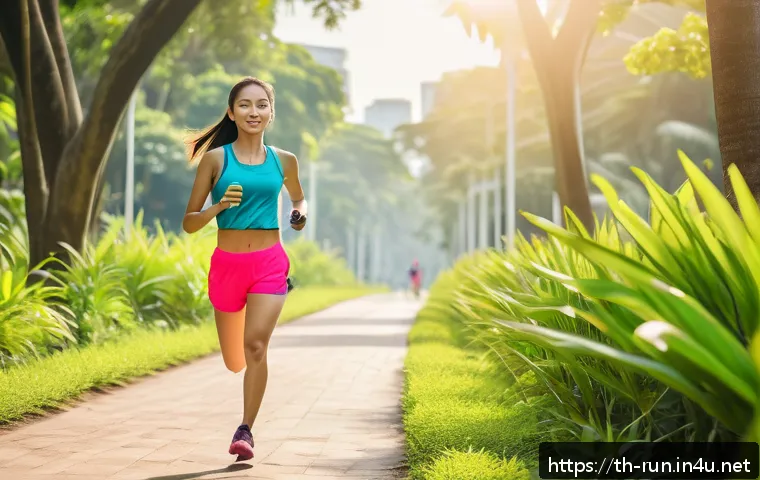 러닝 중 지루함 극복 방법 - A young Thai woman jogging along a scenic trail in a lush green park near Bangkok, wearing lightweig...