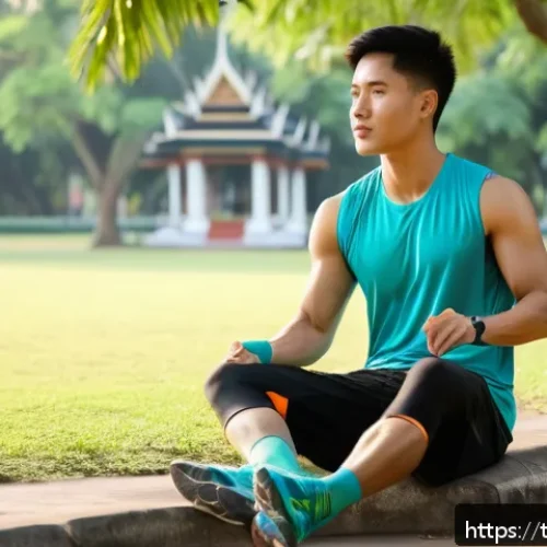 러닝 전후 마사지 요령 - A detailed scene of a young Thai male runner preparing for a morning jog in a serene Bangkok park, w...