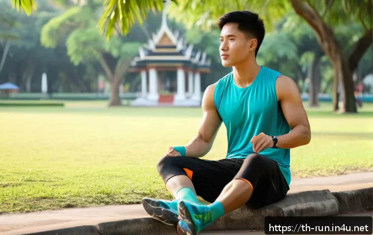 러닝 전후 마사지 요령 - A detailed scene of a young Thai male runner preparing for a morning jog in a serene Bangkok park, w...