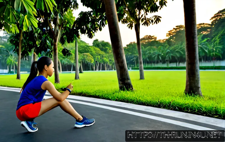 러닝 시 걸음수 분석법 - Photorealistic early-morning running analysis scene in a Bangkok public park, Thai adult runner in m...