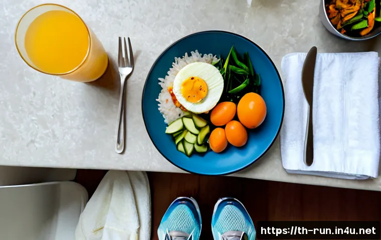 러닝 초보자를 위한 식단 - Photorealistic overhead kitchen-table scene for beginner runners in Thailand: a neatly arranged bala...