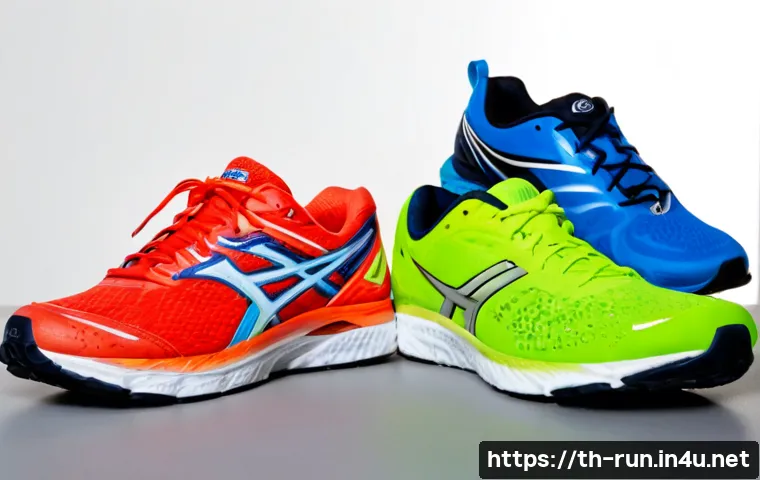 Home 17 러닝화 쿠션 소재별 특징 - Photorealistic studio comparison of three unbranded running shoes arranged side by side on a clean l...
